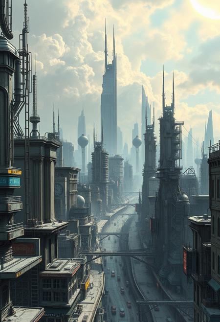 A dystopian cyberpunk cityscape, where grand space-opera scale meets gritty, ink-heavy textures and intricate linework., digital matte painting, hyper-realistic environments, science fiction, fantasy, cinematic landscapes, alien worlds, post-apocalyptic scenes, epic scale, dynamic lighting, intricate architecture, atmospheric perspective, photorealism, imaginative design, immersive worlds, otherworldly beauty