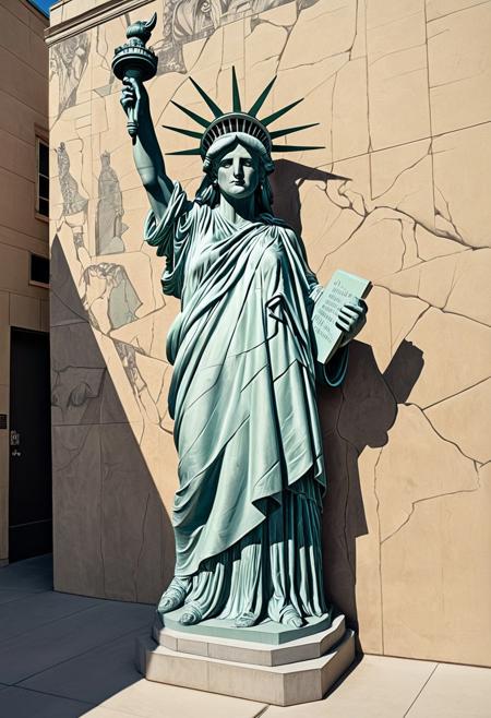masterpiece art, tall highrise housing, the projects highrise, front view of beige color flat concrete wall with (colossal mural painted on wall:2.0), (hyper realistic painting of the Statue of Liberty also known as Lady Liberty:2.0), she is standing tall, wearing a her famous robe with beatiful intricate creases, though this image of her has been modified with alterations, she has black gaffer tape or black duct tape covering her eyes (see no evil), she has placed her beautiful hands with elegant fingers covering her ears on either side of head (hear no evil), she has black gaffer tape or black duct tape covering her mouth so she cannot speak (speak no evil), 2 feet visble, she has dropped the torch and the torch has fallen outside of the wall and onto the street below, the famous Liberty torch with a short handle is lying on it's side on the ground, surrounding the fallen torch are cracks in the street, with long shadows casted. ArsMJStyle, Colored pencil hyperdetailed realism, in the style of tim doyle,  solarizing master, agustín fernández, poster art, Smooth Quality