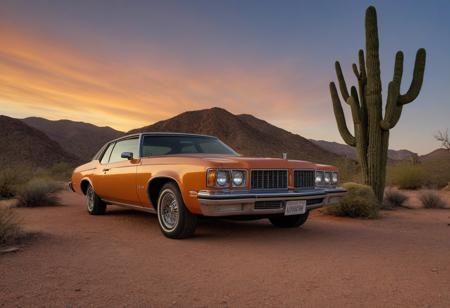 (1973 Oldsmobile Delta 88 Royale), Oldsmobile, orange sky, sky, outdoors, sunset, orange background, mountain, desert, gradient sky, yellow sky, cliff, cloud, rock, blue sky, tree, nature, evening, twilight, mountainous horizon, solo, grass, hill, day, horizon, orange theme, sand, sun, dusk, forest, cactus, motor vehicle, no humans,