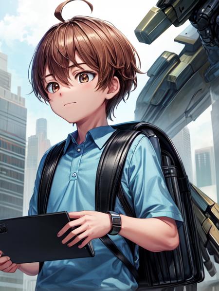 best quality, masterpiece, highres, detailed, perfect anatomy,  <lora:Detail - add_detail:0.2>, ChildEmp, 1boy, brown hair, brown eyes, blue shirt, male child, backpack, typing, machinery, mechanical arms from backpack,  <lora:ChildEmperor-10:0.8>, ahoge, city park, upper body, computer, smug, mechanical appendages,