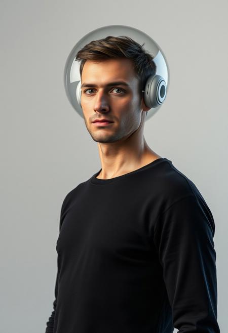 photo portrait of a man stands in front of camera, body slightly turned, looks into camera, high detailed, neutral background, with tiny details of a robot (android) but more as a human, with fully glass futuristic sphere on a head, realistic photo