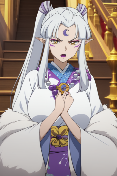 1girl, pointed ears, golden eyes, long silver hair, pigtails, ornaments, short bangs, violet crescent moon on her forehead, purple lipstick, magenta-sharpened nails,white and purple kimono,turquoise hadajuban,white hadagi, pearl necklace, furry coat