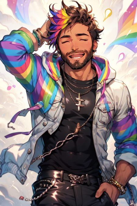 Niji Pride, solo, smile, short hair, open mouth, brown hair, shirt, 1boy, jewelry, jacket, closed eyes, white shirt, upper body, male focus, earrings, open clothes, teeth, dark skin, hood, necklace, bracelet, open jacket, muscular, ^_^, facial hair, dark-skinned male, thick eyebrows, hood down, pectorals, muscular male, bara, hooded jacket, beard, mature male, hand on own head, rainbow<lora:nijipride:1>