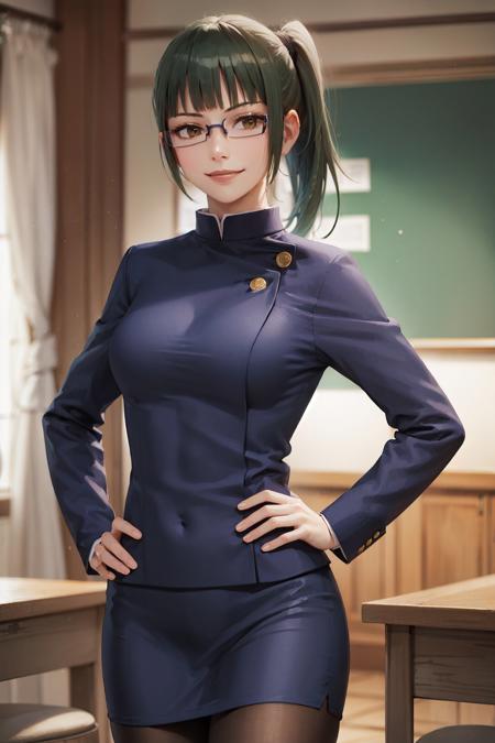 (masterpiece, best quality:1.2), <lora:jjk_makizenin-11:1>, cowboy shot, solo, 1girl, zenin maki, smile, looking at viewer, hand on hip, ponytail, glasses, school uniform, jacket, long sleeves, skirt, pantyhose