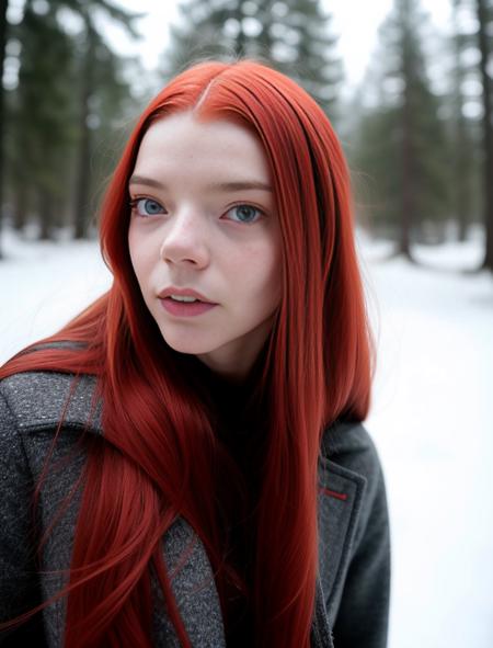 close up, RAW, analog style, 1girl, a side view full body height portrait of (ANAT0J3) in winter clothes, long redhead hair, beautiful eyes, pale skin, beautiful winter background, ((high detailed skin, skin details)), sharp focus, volumetric fog, 8k uhd, dslr, high quality, film grain, Fujifilm XT3,(smilling)