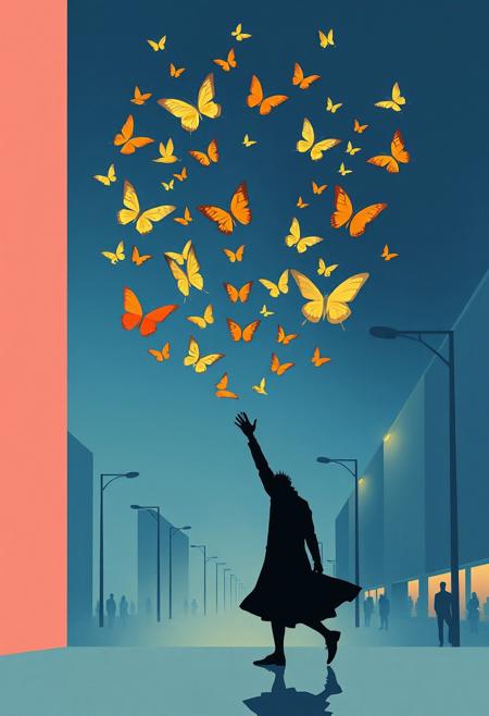 A silhouetted figure releases a swarm of glowing butterflies that form a face in the sky, half-painted, half-illustrated, minimalist still life meets theatrical impressionism, vibrant color blocking, dynamic composition, modern design with vintage drama, expressive lighting, structured geometry, soft pastel textures, stylized urban scenes, surreal object arrangements, elegant figures in motion, stage-like settings, crisp contemporary aesthetics, painterly atmosphere, emotional abstraction, clean design infused with narrative flair, visual poetry through shape and gesture