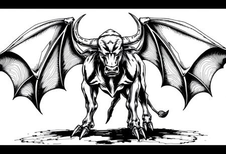 fantasy, ink art, comic style art, bull is standing with four feet, feet has 3 claws, bat wings, muscular