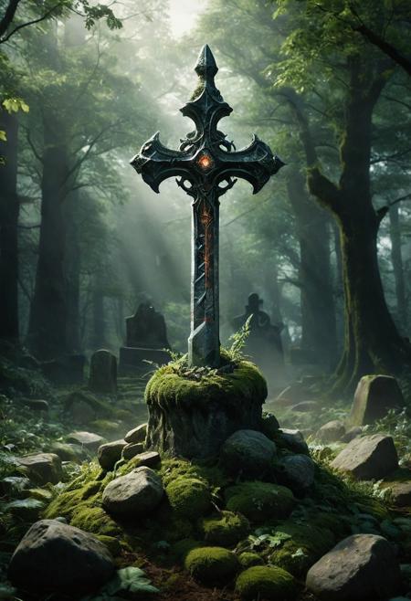 A detailed image of an enchanted medieval fantasy sword thrust into a large, clean boulder that serves as a gravestone. The sword is vertical, resembling a cross, with the blade driven in slightly more than halfway. The sword appears ancient, with a slightly glowing blade and intricate details on the hilt. The boulder is clean and solid, not covered in moss, and the grave is relatively new. The scene is somber and mystical, set in a quiet, slightly overgrown graveyard. Dead rising