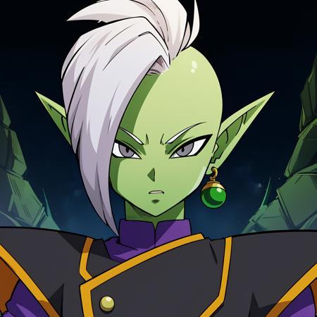 Best_QualityPos, RAW photo, intricate details, best quality, 8k uhd, soft lighting, 1boy, solo, colored skin, green skin, mohawk, white hair, grey eyes, pointy ears, single earring, green earring  <lora:Zamasu:0.8>