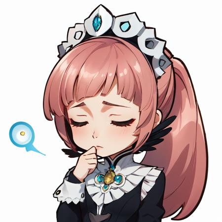 Highly detailed, High Quality, Masterpiece, beautiful, solo, 1girl, (chibi:1.2), white background, simple background, <lora:DarkCabalChibiStyle:1>, fefelicia, blue gem, maid headdress, <lora:Char_FireEmblem_Felicia:0.9>, pensive, closed eyes, upper body