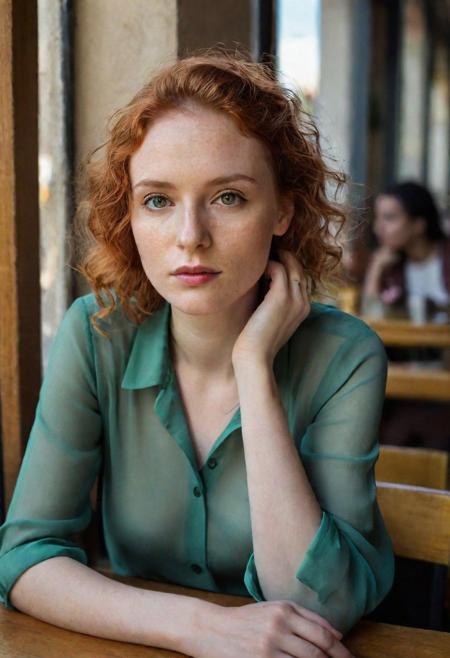 (full body), (wide shot). 1 girl.
26-year-old woman with red wavy hair, sitting at a caf terrace outside, contemplative expression, in a green blouse, hair down.downblouse. top perspective shot. ((Looking away)),
, thispersondoesnotexist.com, average appearance girl, posted on reddit, amateur, real life person, basic person with realistic features  
Low camera shot. (Low perspective shot). film grain. grainy. Sony A7III.
Aligned eyes,  Iridescent Eyes,  (blush,  eye_wrinkles:0.6),  (goosebumps:0.5),  subsurface scattering,  ((skin pores)),  detailed skin texture,  textured skin,  realistic dull skin noise,  visible skin detail,  skin fuzz,  dry skin,  hyperdetailed face,  sharp picture,  sharp detailed,  analog grainy photo vintage,  Rembrandt lighting,  ultra focus,  illuminated face,  detailed face,  8k resolution,photo r3al