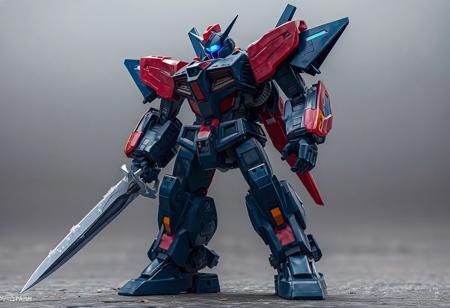 The image features a Dark Strike Fighter robot, standing in a dynamic pose against a Return from the Different Dimension background. The robot, primarily blue with red and orange accents, is prepared for action with its Metalmorph arms extended and legs bent at the knees. Its head is slightly turned, gazing into the distance with glowing blue eyes. Holding a Snowfall Sword, the robot's stance is further enhanced with a sense of solitude and readiness. The image is a high-resolution, 4K representation of exceptional quality, highlighting vivid colors and sharp details.