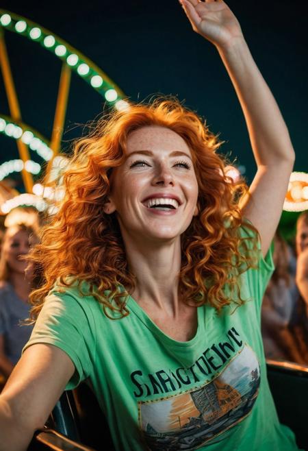 A captivating, cinematic night time photo of elegant beautiful woman riding a rollercoaster, hands in the air, in a brightly lit theme park, laughing, arms out, age 50 with long curly orange hair and freckles, wind blowing her hair. She is dressed in an 80's t-shirt. Her long orange hair flows elegantly, and her eyes are a striking shade of green. The background is a mystical, moonlit fairgrounds, glowing party lanterns., DarkFantasy, photo, cinematic,