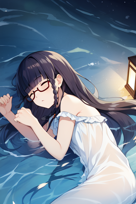 shimazakisetsuna, glasses, blunt bangs, twin braids, 1girl, solo, sleeping, nightgown, lying, on water, night