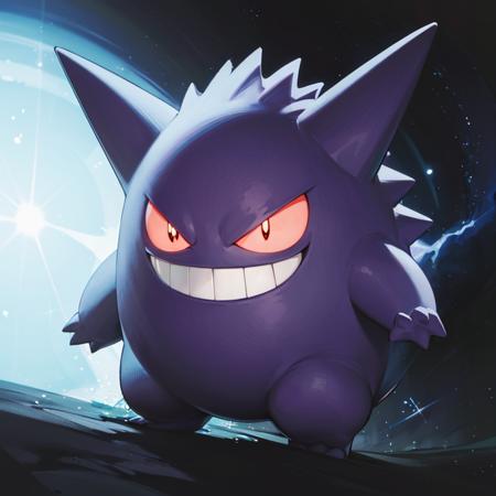 ((masterpiece,best quality)), absurdres,
<lora:Gengar_Pokemon_v2_Anime:0.7>, Gengar_Pokemon,  no humans, pokemon \(creature\),
solo, smiling, looking at viewer, 
purple theme, cinematic composition,