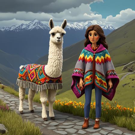 <lora:novuschroma51 style_c:1.3>, novuschroma51 style,  claymation,  BREAK, girl and a llama , together,  girl1, wearing a montera, poncho, ojatas, lliklla, colorful blouse,  embroidered jacket,  llama, white fur, colorful blanket,  daytime, clouds, mountains,  gray, rocky, winding path,  vivid colors, high-res, beautiful aesthetic, very intricate, high-quality details, vibrant, highly detailed, pose,