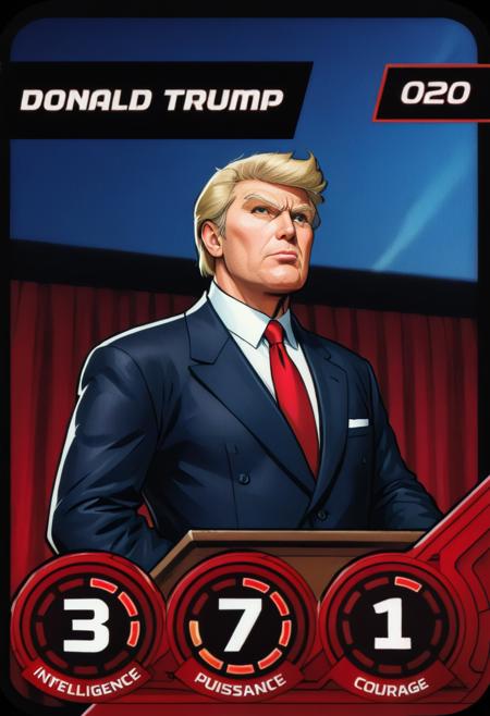 (best quality, masterpiece, absurdres, highres, ultra_detailed, dynamic angle:1.2), villaincard, intelligence3, power7, courage1, portrait of Donald Trump, business suit, speaking on a podium, american flags, (red and black hud with white numbers), (intricate details, hyperdetailed:1.15), (ultrahigh resolution textures), bokeh, (volumetric, cinematic) lighting, depth of field, <lora:marvel_promo_cards_2023_locon_xl_villain_v1:0.8>