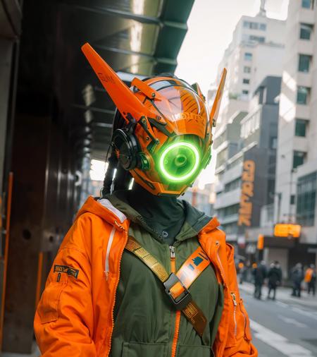 original, masterpiece, best quality, a cyborg woman in a green circle light up cyberhelmet with orange ears, wearing orange jacket, sunny day, on the street <lora:cyberhelmetv0.7:0.85>