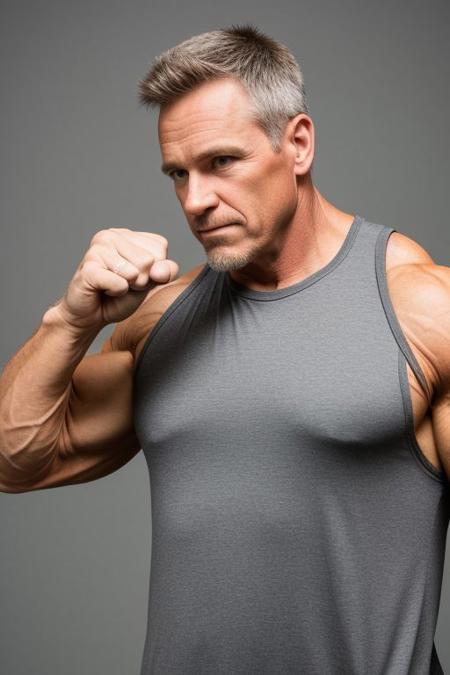 professional photoshoot Sport Illustrated  style of: 45yo man, bodybuilder,  sleeveless tank top, the hands must be well represented, the hands must have five fingers, the hands must be anatomically correct, the hands must be well proportionated