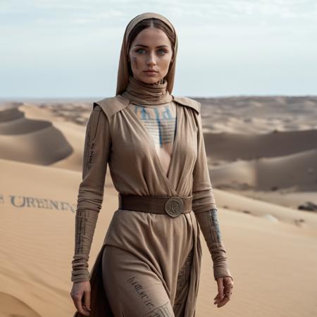 Full body Photo of a mysterious woman with (blue eyes) and with mysterious scripture tattoed on her face seen in the distance in a dessert dressed in grey and brown Fremen garment, Dune, Bene Gesserit mother,anxarmas,  <lora:anarmas_juggerX_xl_3_standard-anxarmas-000096:1>