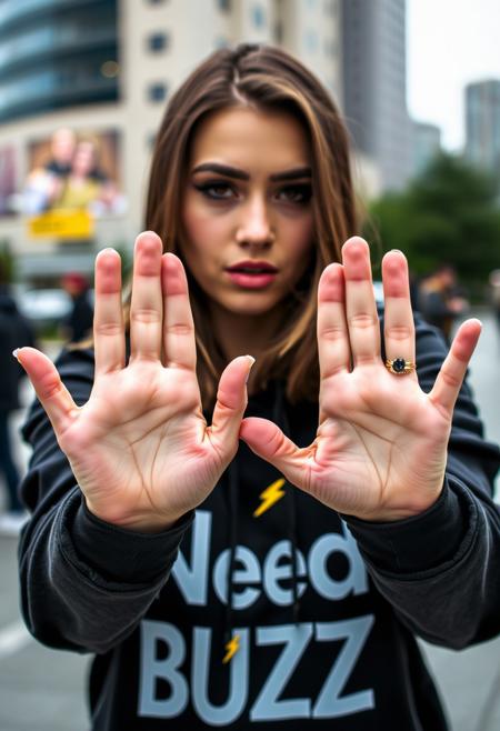 Young Woman with spread hands towards viewer palms up as if to recieve something on hand, wearing black hoodie with text "Need BUZZ" and yellow lightning bolt logo, blurry city background, makeup, mascara, eyeliner