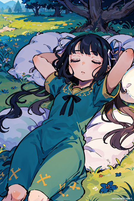 ((best quality)),((world masterpiece)),((illustration)),beautiful detailed,colourful,extremely detailed 8K wallpaper,finely detailed,dramatic light,intricate details, ((ultra-detailed)),
1girl, black_hair, cross, crossed_arms, dress, grass, hair_ribbon, hammock, long_hair, pillow, ribbon, sleeping, solo,on back,