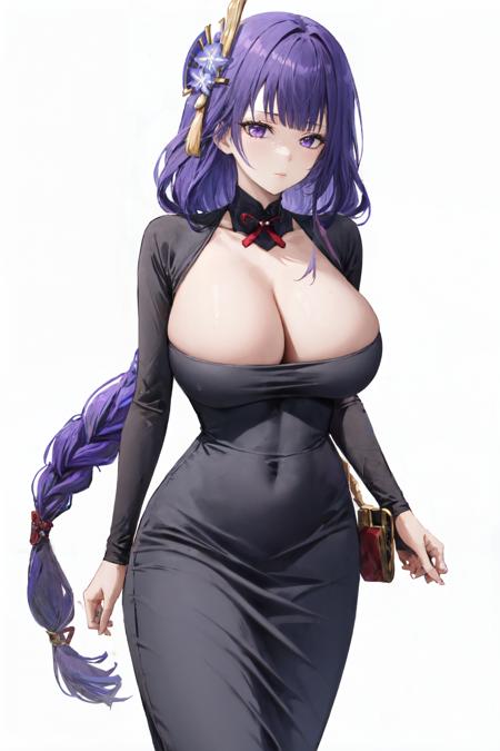 <lora:dongtan_dress:1>dongtan dress,1girl,solo,black dress,cleavage, large breasts, taut clothes, <lora:raiden_shogun:0.8> raiden shogun, purple eyes, purple eyes, hair ornaments,braided ponytail