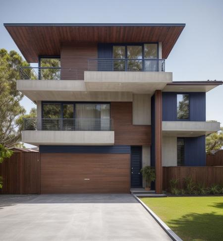 Street-facing house, modern, 3 floors, 5000mm wide, 20000mm long, concrete roof with outdoor wood paneling, dark brown exterior walls, navy blue corrugated iron roof, rows of trees on both sides of the front yard, glass balcony with hand-painted stainless steel bay, car in front of house, daylight, high quality photos, HD, 8K