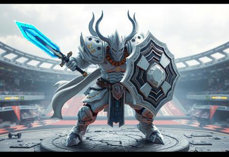 Ultra-HD 8K isometric render (Unreal Engine 5 + Octane) of 'Gouki The Blade Ogre' in dynamic battle stance. This white-armored warrior-guardian wields dual blue-orange energy swords and a matching hexagonal shield, poised against a F.A. Circuit Grand Prix cyber-fantasy arena.