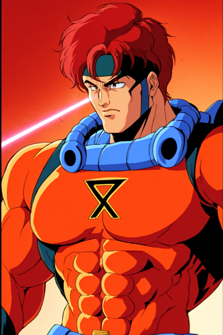 X-men TaS Style, 1boy, bodysuit, male focus, muscular, visor, laser, red hair, retro artstyle, solo, upper body, <lora:XmenStyle:0.8>