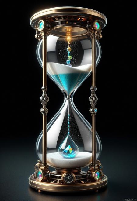 best quality, masterpiece, high resolution, intricate detailed,
cs-cr1stal-v2,
(hourglass:1.1) g3ars, steampunk,
whimsical, hourglass made of single huge brilliant, 
translucent, iridescent, ethereal, majestic, detailed digital art, close up, ground shot, 
dark background, black background,