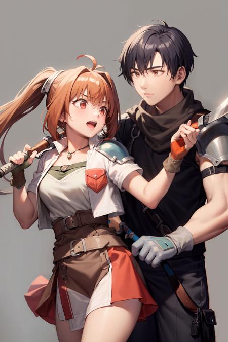 masterpiece, best quality,1girl, 1boy, holding, holding weapon,