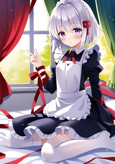 ((masterpiece)),(((best quality))), ((ultra-detailed)), ((illustration)), masterpiece, best quality, highres, {beautiful detailed eyes}, finely detail, 4k wallpaper, beautiful detailed eyes, perfect lighting
(kagari_chan:1.1), (white hair, short hair:1.0), (maid:1.2), (ribbon, maid apron, hair ornament, white thighhighs:1.1), (very long red ribbon floating in the air:1.2), flat chest, purple eyes, no shoe, (wariza on bed in a bedroom:1.1),(shy, blush:1.1), (ribbon, wrist ribbon:1.0), (hair ornament:1.0), sunshine through windows, wariza
<lora:kagari_chan-16:0.5>