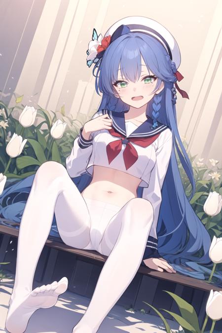 <lora:doremi:1>
1girl, arm support, ascot, beret, black ascot, blue hair, braid, breasts, bug, butterfly, clothes lift, crop top, dutch angle, eyes visible through hair, feet, flower, green eyes, hair ribbon, hand on own chest, hand up, hat, legs, long hair, long sleeves, looking at viewer, medium breasts, navel, no pants, no shoes, official alternate costume, open mouth, pantyhose, pillar, plant, ribbon, sailor collar, shirt, shirt lift, single braid, sitting, solo, stomach, tearing up, thighband pantyhose, toes, tulip, underboob, very long hair, white flower, white headwear, white pantyhose, white shirt, white tulip, yokozuwari