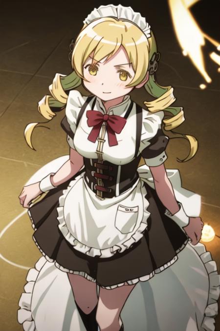 best quality, masterpiece, highres, solo, {maid:1.40}, {long maid dress:1.15}, {tomoe_mami_puellamagimadokamagica:1.15}, blonde_hair, drill_hair, twin_drills, twintails, hair_ornament, yellow_eyes, magical_girl