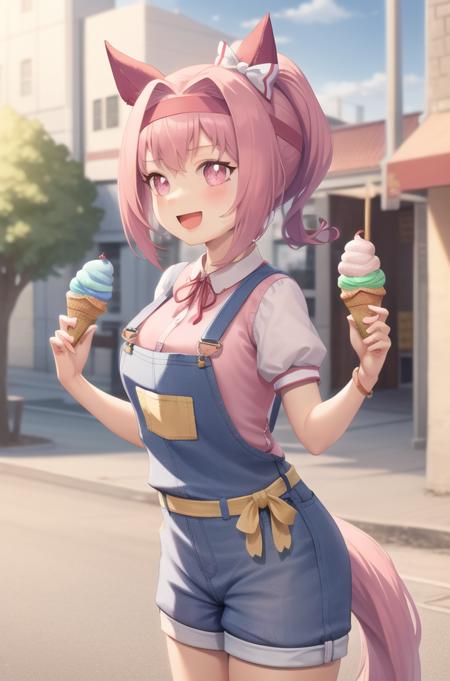 masterpiece,best quality, 1girl,solo,haru urara,overalls,overall shorts,flower-shaped pupils,pink shirt,holding ice cream,(horse tail:0.6),smile,open mouth,cloudy,
<lora:haru_urara_lohav9-000075:0.8>