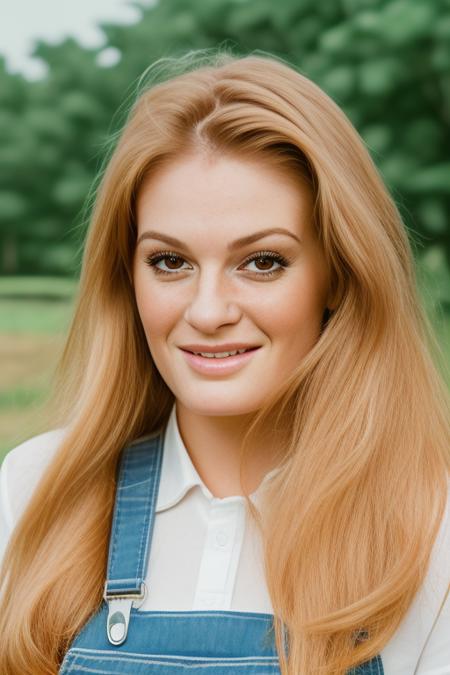 photography of an (closeup portrait) woman, realistic <lora:FayeReagan3:1>  wearing overalls white shirt on farm, vibrant colors