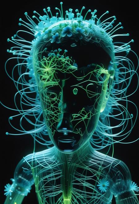 made of, tiny neon (glass:1.1) filaments, w0gf1l, Android, with robotic parts, in flowery, Intricate details, 8 k, cinematic, portrait, wires, fluttering hair