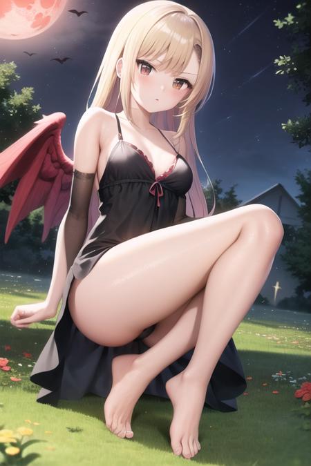 masterpiece, best quality, hinagiku katsura,  blonde hair, blonde, red eyes, black dress, barefoot, medium breasts, black wings, fallen angel, angel wings, outdoors, night, red moon, serious, <lora:HinagikuV2:0.8>