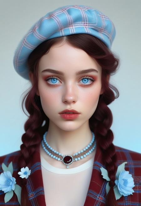 This is a highly detailed, surreal digital artwork featuring a young woman with an ethereal, otherworldly appearance. The subject has a pale, almost translucent complexion and striking, icy blue eyes. Her hair is a vibrant, pastel pink color, styled in intricate, curly braids adorned with delicate, beaded ornaments and small, delicate flowers. The hair cascades down her back and shoulders, blending seamlessly with the elaborate, beaded necklace and choker she wears around her neck. This is a high-resolution photograph of a young woman with a light skin tone and straight, long brown hair. She is wearing a deep burgundy beret on her head, which is slightly tilted to the side, covering her forehead. Her eyes are a striking light blue, and she has a neutral expression, gazing directly at the camera. She has a natural, minimal makeup look with a focus on her eyes, which are framed by subtle eyeliner. The image is a photograph featuring a young woman standing indoors in a cozy, somewhat vintage-inspired setting. She has shoulder-length, wavy black hair styled with a decorative hair clip featuring a small, intricate design. Her makeup is subtle, with a focus on her lips, which are painted a bright red. She is wearing a plaid blazer with a fur collar, predominantly in shades of blue, brown, and white, over a white shirt with a hint of red visible at the neckline.