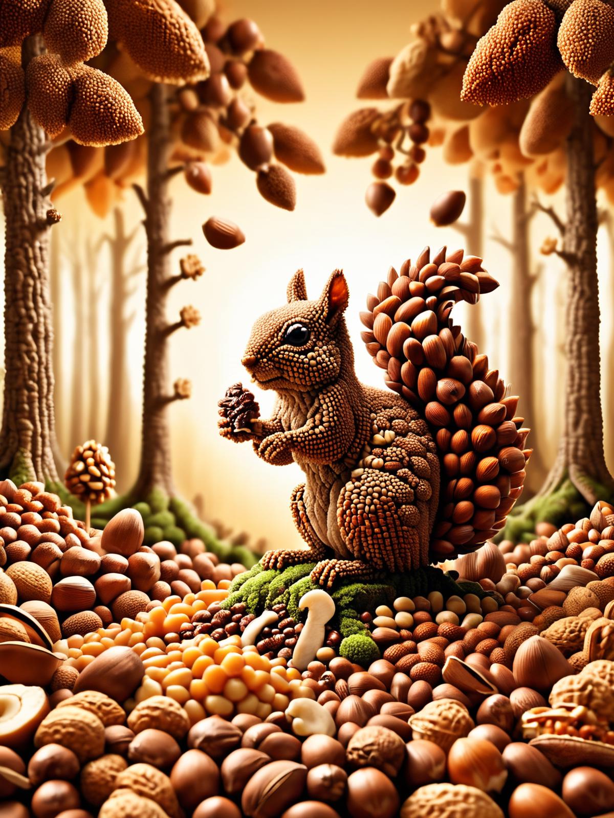Squirrel sculpture made of nuts and candy, sitting in a forest setting.
