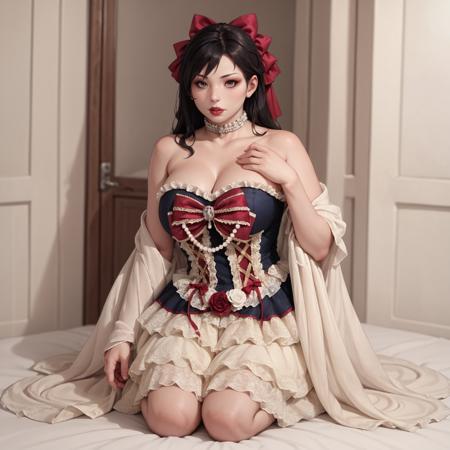 HUD_Sno_Wh1t, full body, makeup, lipstick, tiered lace-trimmed dress, frills, velvet corset, strapless, bow, choker, pearls, rose, shawl, hair decoration