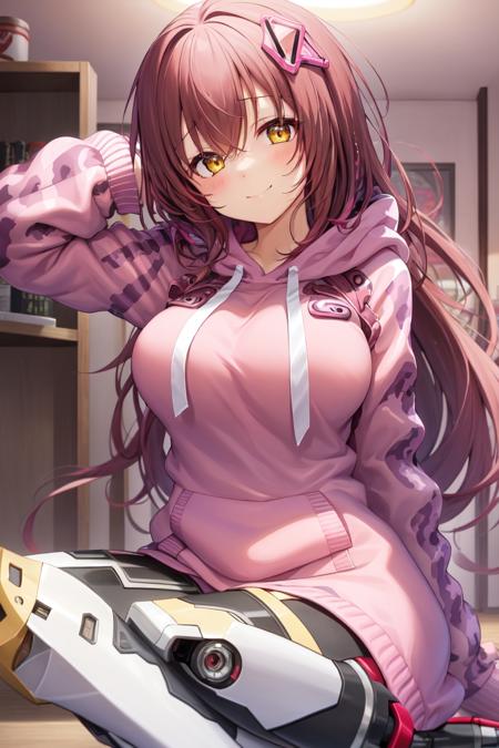 1girl, roboco-san, mechanical legs, virtual youtuber, solo, pink hoodie, hood, brown hair, hoodie, breasts, mechanical arms, android, hair between eyes, pink_camouflage, long hair, looking at viewer, smile, bangs, sitting, yellow eyes, closed mouth, hood down, (white_drawstring:0.8), long sleeves, multicolored hair, medium breasts,  blurry, indoor, room, gradient, <lora:Hololive_robocosan_V1.0:0.6>