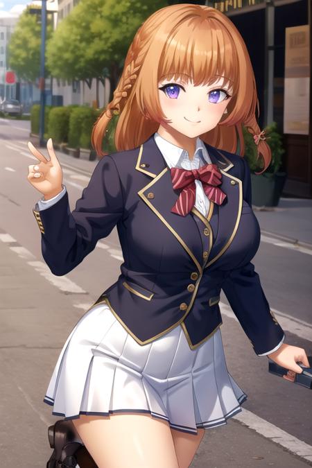 Takatsuki Yua medium hair,orange hair,hair intakes,braid,blunt bangs,purple eyes school uniform,black jacket,blazer,red bowtie,white shirt,collared shirt,long sleeves,large breasts,skindentation,miniskirt,white skirt,pleated skirt,black socks,loafers,black footwear