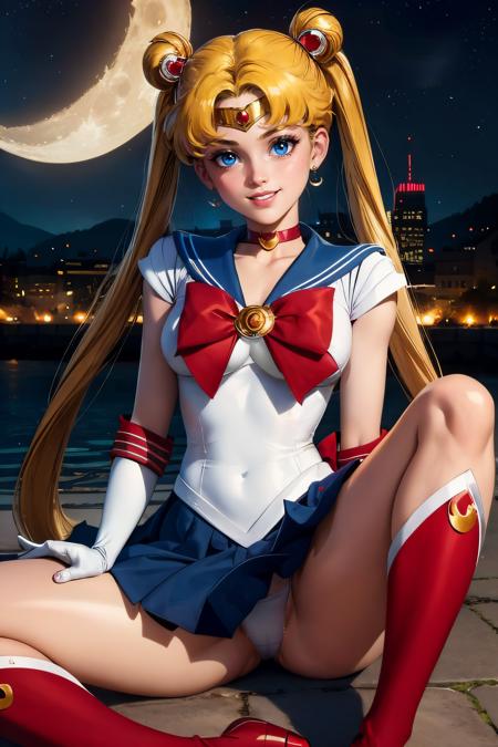 serena tsukino, blue eyes, parted bangs, blonde hair, long hair, twintails, circlet, crescent earrings, hair ornament, red choker, jewelry, leotard, sailor senshi uniform, blue sailor collar, elbow gloves, white gloves, red bow, blue skirt, pleated skirt