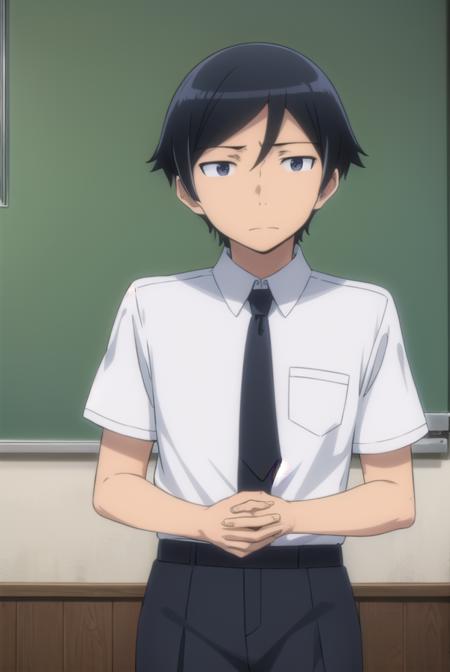 kyousukekousaka, <lora:kyousuke kousaka s2-lora-nochekaiser:1>,
kyousuke kousaka, black hair, male focus, (black eyes:1.5),
BREAK shirt, school uniform, white shirt, short sleeves, necktie, black necktie,
BREAK indoors, classroom,
BREAK looking at viewer, (cowboy shot:1.5),
BREAK <lyco:GoodHands-beta2:1>, (masterpiece:1.2), best quality, high resolution, unity 8k wallpaper, (illustration:0.8), (beautiful detailed eyes:1.6), extremely detailed face, perfect lighting, extremely detailed CG, (perfect hands, perfect anatomy),