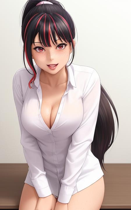 cute sexy (anime:1.01) ((multicolored dark hair in ponytail:1.2)) (hot), (sexy latina), cleavage, with (freckles) wearing a (tight) white oxford shirt, symmetric, hot, young, naughty face, perfect face, perfect body, symmetric face, dyamic lighting, sitting in room on desk, (((sexy face))), (((sexy expression))), artful