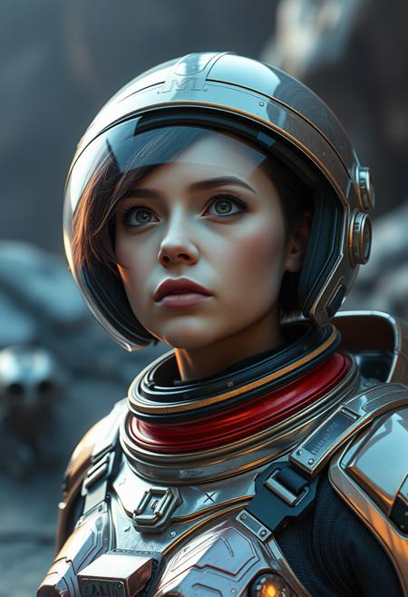 realistic photography of a space girl in alien world, short hair, spacesuit helmet, ana de armas, sci-fi, cyberpunk, shiny spacesuit, space ranger, space warrior, alien color, hyper detailed, cinematic,