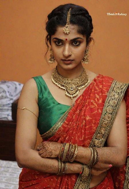 (Meenakshi Choudhary), ( saree:1.3), (Blouse less, small retrousse boobs :1.2), (3D, Veins, Birth marks, Sweating , Bindi, Nose ring, Bangles, Mehndi :1.2),(True skin, hair braid:1.5)