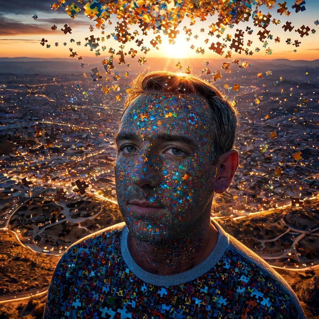 long shot scenic professional photograph of A hyperrealistic portrait of a man whose body is composed of constantly shifting, glowing puzzle pieces, each one intricately detailed with symbols and patterns. His face is partially visible, but large sections of it are missing, replaced by the floating puzzle pieces that drift and rotate around him. His eyes are glowing orbs of white light, flickering with energy as the puzzle pieces shift and rearrange. The background is an abstract, surreal landscape of floating puzzles and glowing symbols, all shifting and rearranging in perfect harmony., perfect viewpoint, highly detailed, wide-angle lens, hyper realistic, with dramatic sky, polarizing filter, natural lighting, vivid colors, everything in sharp focus, HDR, UHD, 64K